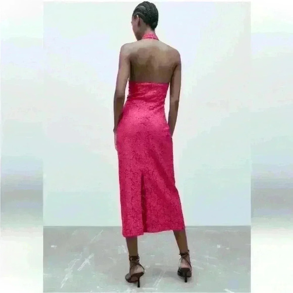 NWOT Zara Pink Fuchsia long midi lace halter dress size L Bloggers Favorite - Picture 4 of 10